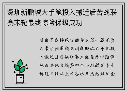 深圳新鹏城大手笔投入搬迁后苦战联赛末轮最终惊险保级成功 深圳新鹏城大手笔投入搬迁后苦战联赛末轮最终惊险保级成功