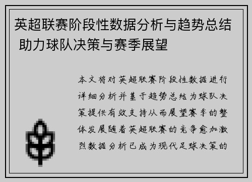 英超联赛阶段性数据分析与趋势总结 助力球队决策与赛季展望